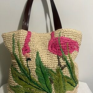 Natural Straw Tote with Pink Flamingo and Green Leaf Design